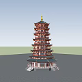 Traditional Chinese Pagoda with Multiple Floors Red Gold Decoration Curved Eaves Stone Stairs and Railings