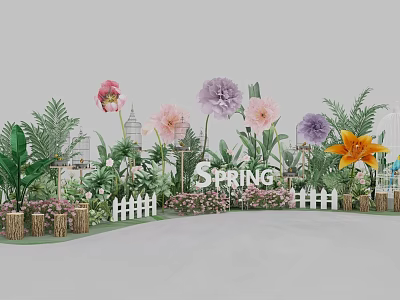 Colorful Hanging Basket Plants With Spring Flowers Green Leaves And White Picket Fence 3d model