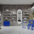 Stylish Arched Glass Display Shelves With Blue Storage Cabinet For Skincare Product Retail Shop Interior