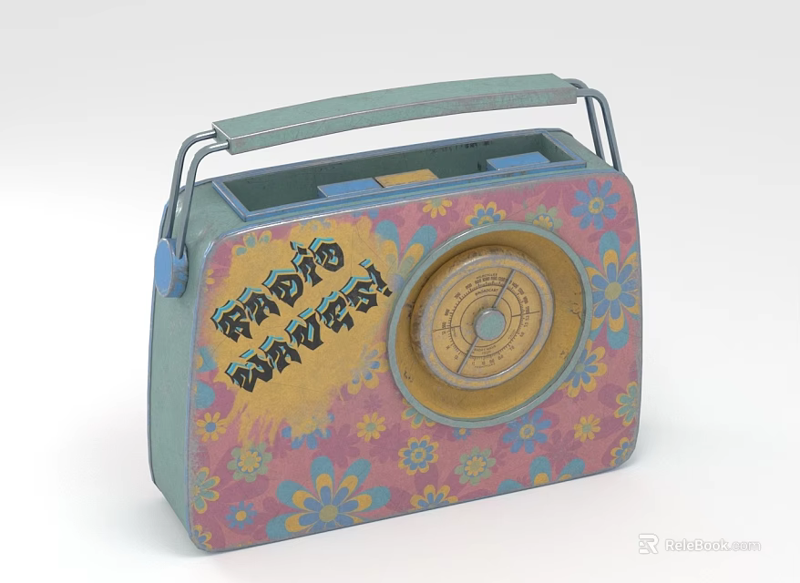 Vintage Radio Speaker Featuring Floral Pattern RADIO WAVES Text Tuning Dial And Handle 3d model 