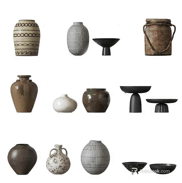Artisanal Ceramic Vessels with Various Shapes Textured Surfaces and Neutral Tones for Home Decor 3d model 