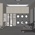 Modern Entertainment Room With Fitness Equipment Relaxation Seats Mirrored Walls And Wooden Decor