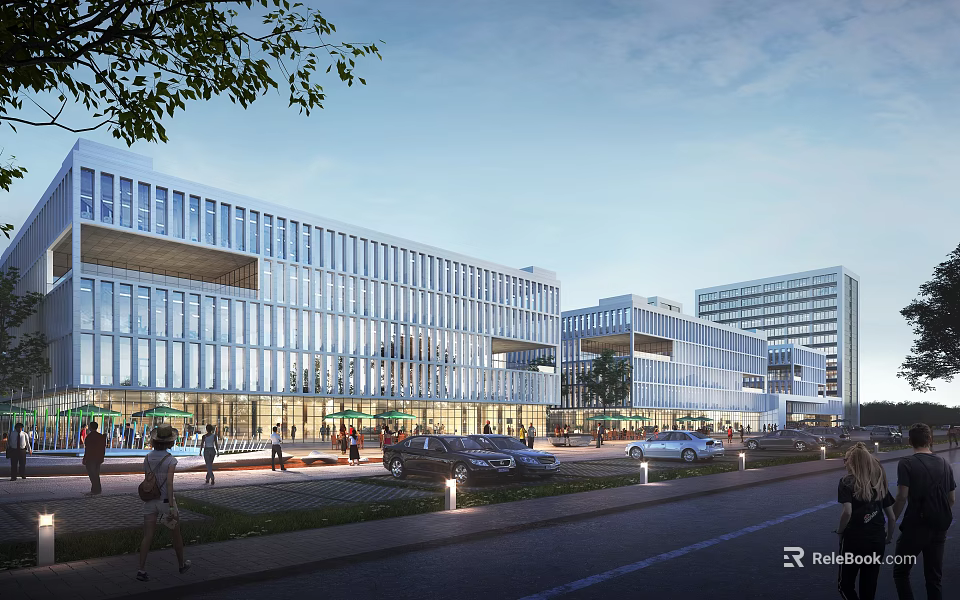 Modern Office Building With Glass Curtain Wall Pedestrians Vehicles And Greenery On Street 3d model 