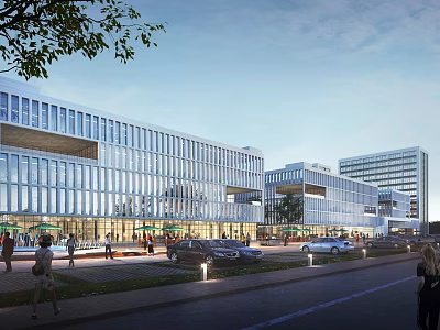 Modern Office Building With Glass Curtain Wall Pedestrians Vehicles And Greenery On Street 3d model
