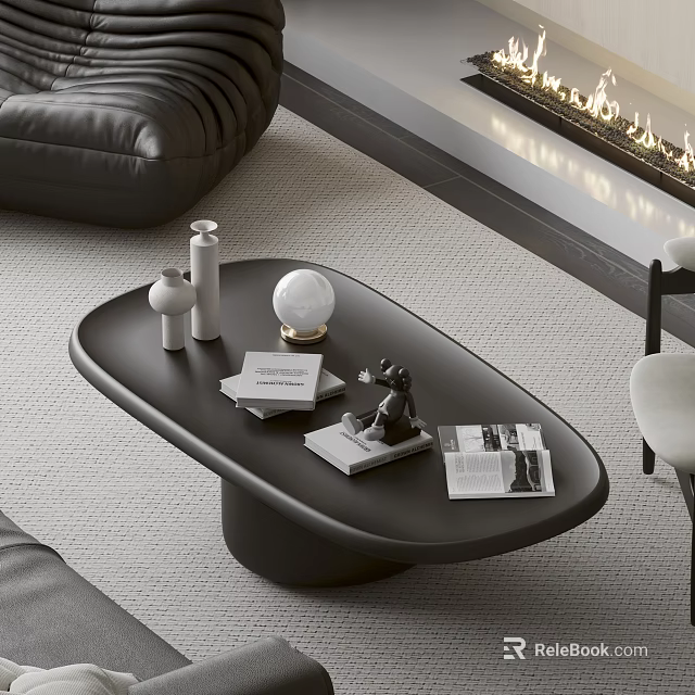 Minimalist Black Oval Coffee Table With Books Sculpture And White Decorative Ball 3d model 
