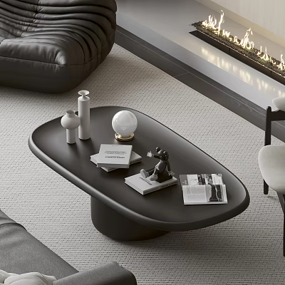 Minimalist Black Oval Coffee Table With Books Sculpture And White Decorative Ball 3d model