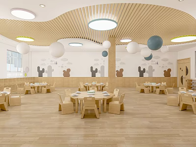 Kindergarten Dining Area With Wooden Ceiling Round Lights And Wall Decors 3d model