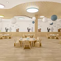 Kindergarten Dining Area With Wooden Ceiling Round Lights And Wall Decors