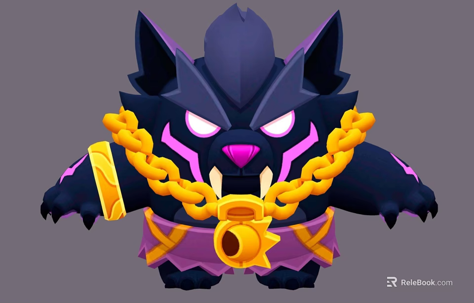 Cartoon Black Feline Creature Character With Purple Accents Yellow Chain And Sharp Fangs 3d model 