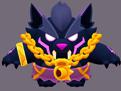 Cartoon Black Feline Creature Character With Purple Accents Yellow Chain And Sharp Fangs 3d model