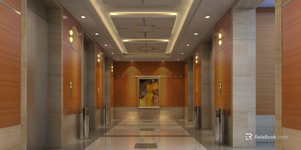 Modern Elevator Hallway Interior Design With Ceiling Lighting Side Doors And Painting 3d model 
