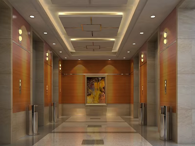 Modern Elevator Hallway Interior Design With Ceiling Lighting Side Doors And Painting 3d model