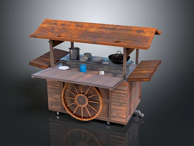 Vintage Wooden Food Cart With Roof Wheels And Cooking Utensils 3d model