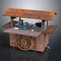 Vintage Wooden Food Cart With Roof Wheels And Cooking Utensils