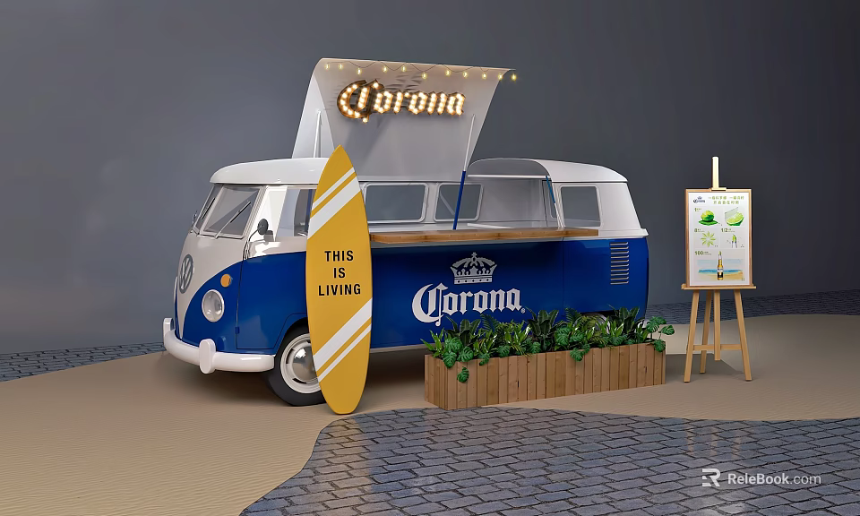 Corona Themed Food Truck With Surfboard Menu Board And Green Plants 3d model 