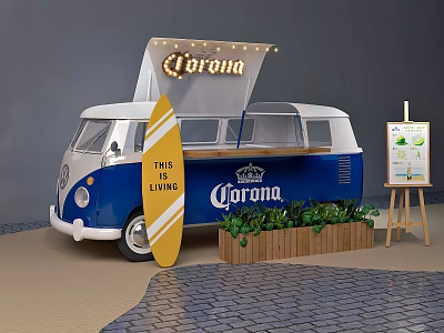 Corona Themed Food Truck With Surfboard Menu Board And Green Plants 3d model