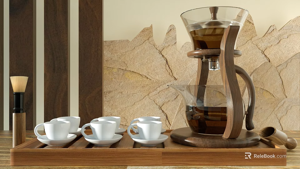 Elegant Tea Set With Glass And Wooden Teapot White Teacups Saucers On Wooden Tray 3d model 