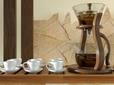 Elegant Tea Set With Glass And Wooden Teapot White Teacups Saucers On Wooden Tray 3d model