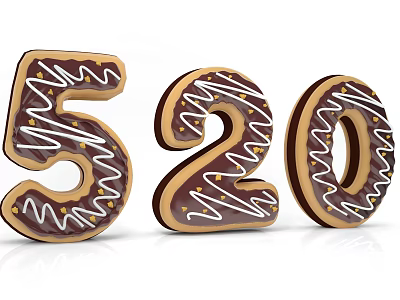 3D Chocolate Numbers 5 2 0 with White Frosting and Gold Decorations 3d model