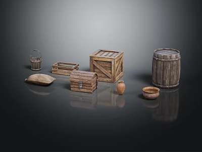 Vintage Rustic Household Items Including Wooden Boxes Barrel And Clay Pots 3d model