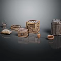 Vintage Rustic Household Items Including Wooden Boxes Barrel And Clay Pots