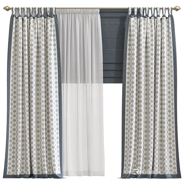 Patterned Curtains With Sheer Layer And Neutral Tones For Window Decoration 3d model 