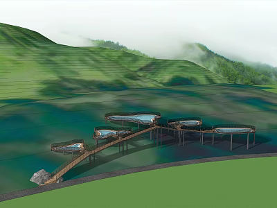 Scenic Misty Green Mountain Landscape With Circular Platforms And Wooden Walkways 3d model