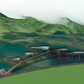 Scenic Misty Green Mountain Landscape With Circular Platforms And Wooden Walkways
