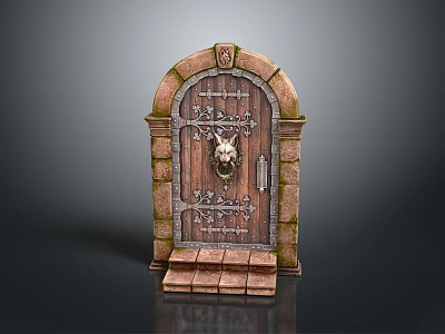 Ancient Arched Stone Door Featuring Carved Patterns Mythical Beast Head And Stone Steps 3d model