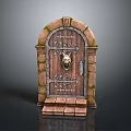 Ancient Arched Stone Door Featuring Carved Patterns Mythical Beast Head And Stone Steps 3d model