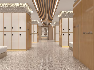 Modern Locker Room Interior With Wooden Lockers Marble Floor And Elegant Decor 3d model