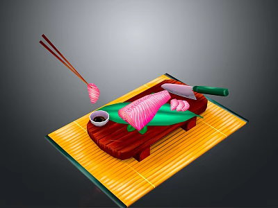 Fresh Sushi Served on Wooden Cutting Board with Chopsticks Soy Sauce Dish and Bamboo Mat 3d model