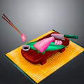 Fresh Sushi Served on Wooden Cutting Board with Chopsticks Soy Sauce Dish and Bamboo Mat