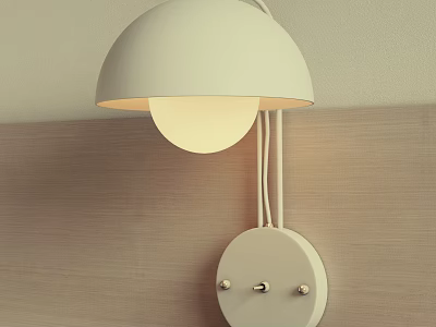 Modern White Wall Lamp with Dome Shade Round Base and Warm Light on Wooden Wall 3d model