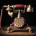 Vintage Metal Telephone With Red Accents Rotary Dial And Ornate Base Design