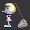 Blue Skinned Smurf Character Wearing Pink Dress Yellow Hat With Pink Flower And Butterfly Net