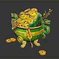 Traditional Green Decorative Container Filled With Gold Coins Dragon Ornaments Red Beads And Plum Branch