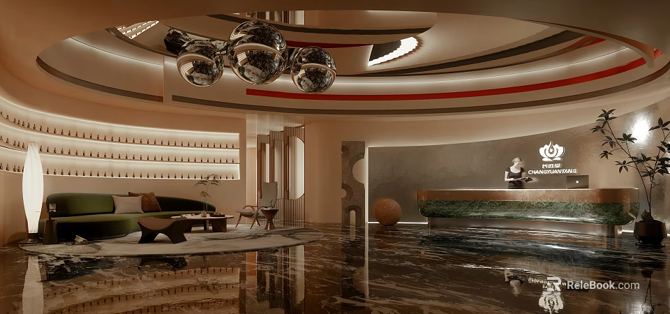 Modern Luxury Shop Front Desk Interior Design With Chandelier And Marble Decor 3d model 
