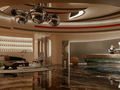 Modern Luxury Shop Front Desk Interior Design With Chandelier And Marble Decor 3d model