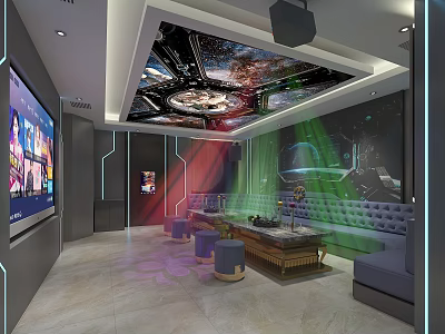 Modern KTV Interior Design With Starry Ceiling Large Screen And Plush Seating 3d model