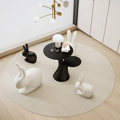 Kids Table with Rabbit Shaped Seats White and Black Cups and Books on Round Mat 3d model