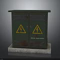 Green Double Door Storage Cabinet With Warning Signs On Concrete Base