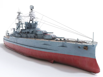 Vintage Warship Featuring Blue Hull Red Bottom Tall Masts And Deck Cannons 3d model