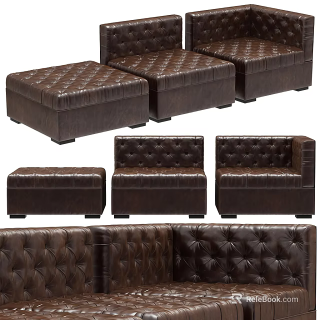 Brown Leather Tufted Sectional Sofa With Ottoman Seats And Armrest Sections 3d model