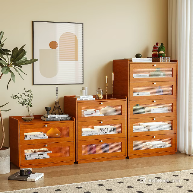 Wooden Storage Lockers With Glass Doors Books And Decorations In Living Room With Plant Art 3d model 