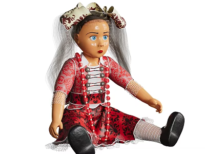 Traditional Doll with Long Gray Hair Blue Eyes Red Dress White Decorations Lace and Beads 3d model