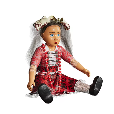Traditional Doll with Long Gray Hair Blue Eyes Red Dress White Decorations Lace and Beads 3d model