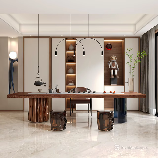 Modern Tea Room Interior With Wooden Table And Drum Stools 3d model