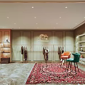 Modern Public Office Space With Stylish Seating Green Sofa Bookshelves And Area Rug