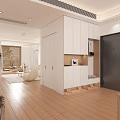 Modern Living Dining Room Interior With Beige Sofa Round Pouf Wooden Floor And Rug